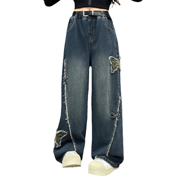 JLMSPLWG Preppy Jeans for Kids Wide-Leg Jean Butterfly Embroidery Patchwork Teen Girls Vintage High Waist Patchwork Pants Streetwear Tween Girls Personalized Cargo Denim Jeans Toddler Girl Clothes