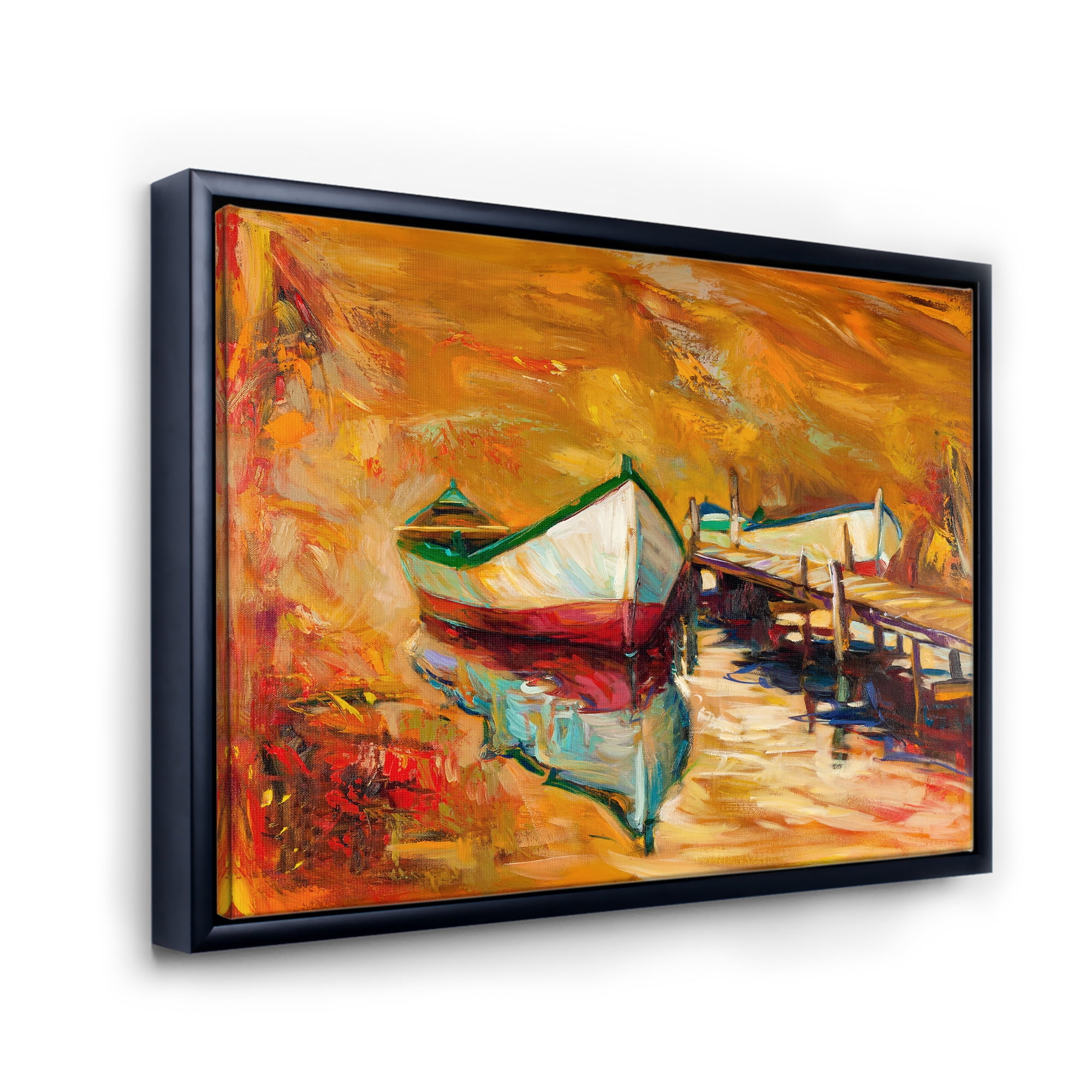 Designart 'Red and White Boats By The Pier' Nautical & Coastal Framed Canvas Wall Art Print