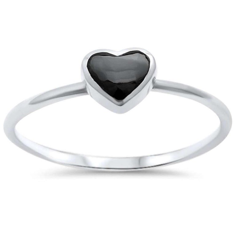 Petite Dainty Solitaire Heart Promise Ring Black Onyx 925 Sterling