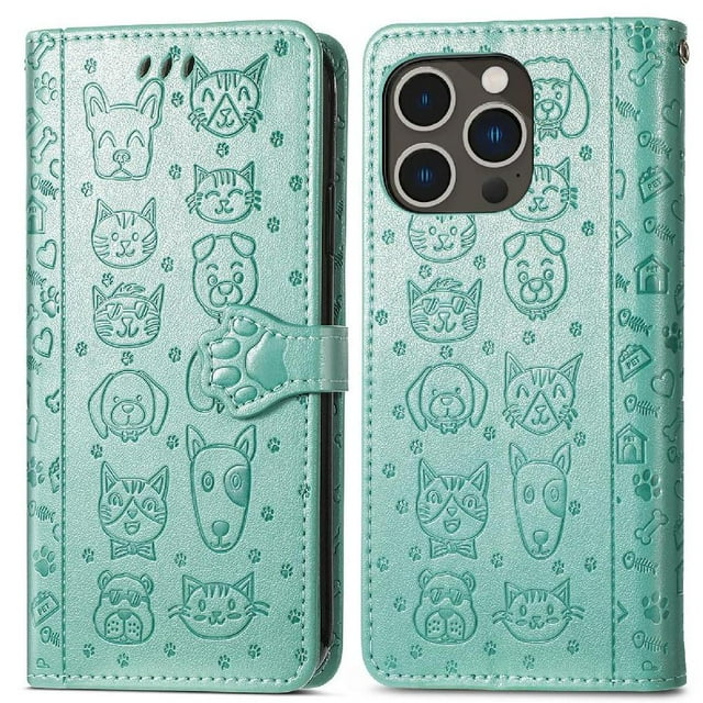 Funda Cartera FOXDOCK para iPhone 14 ProMax , Flip PU con Relieve de Gatos y Perros, Tarjetero y Soporte