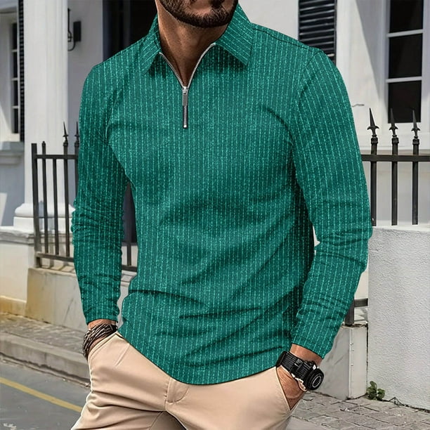 Blusa y camisa de manga larga con cuello vuelto para hombre, informal, de manga larga, con cremallera y solapa a rayas, blusa de manga larga con cuello vuelto, blusa de poliéster para hombre