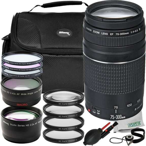 Canon EF 75-300mm f/4-5.6 III Lens Bundle with Carrying Case and Accessory Kit (29 Items)