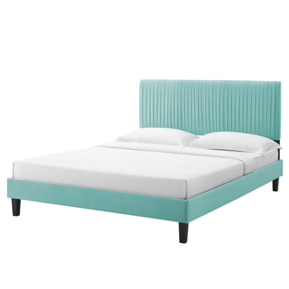 Platform Bed Frame, Queen Size, Velvet, Blue, Modern Contemporary Urban Design, Bedroom Master Guest Suite