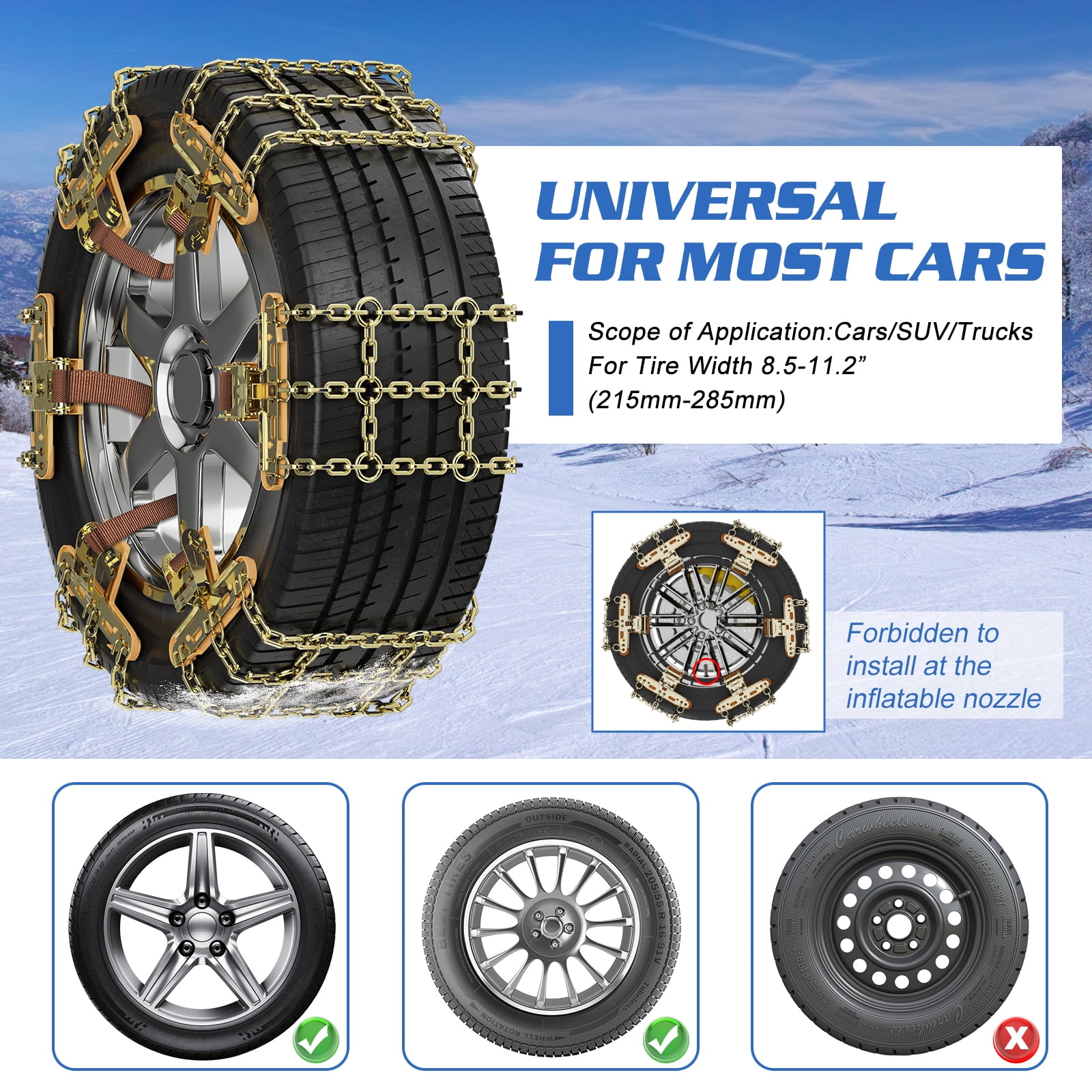  Snow Tire Chains, Universal Car Emergency Anti Slip Snow Chains,  6 Pack Winter Security Tire Chains Tire Width 195-225mm(7.6-8.9 inch) for  Most Cars/SUV/Trucks(Medium) : Automotive