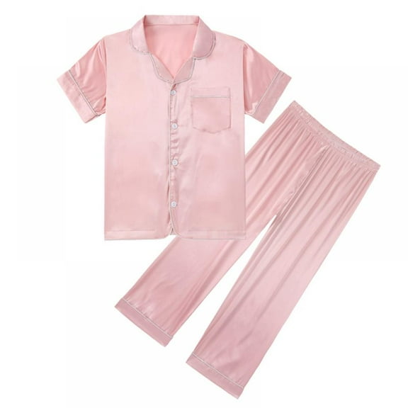Summer Kids Girl Pure Color Imitate Silk Pajamas Short Sleeve Blouse Long Pants Sleepwear Suit ,5-14 Years