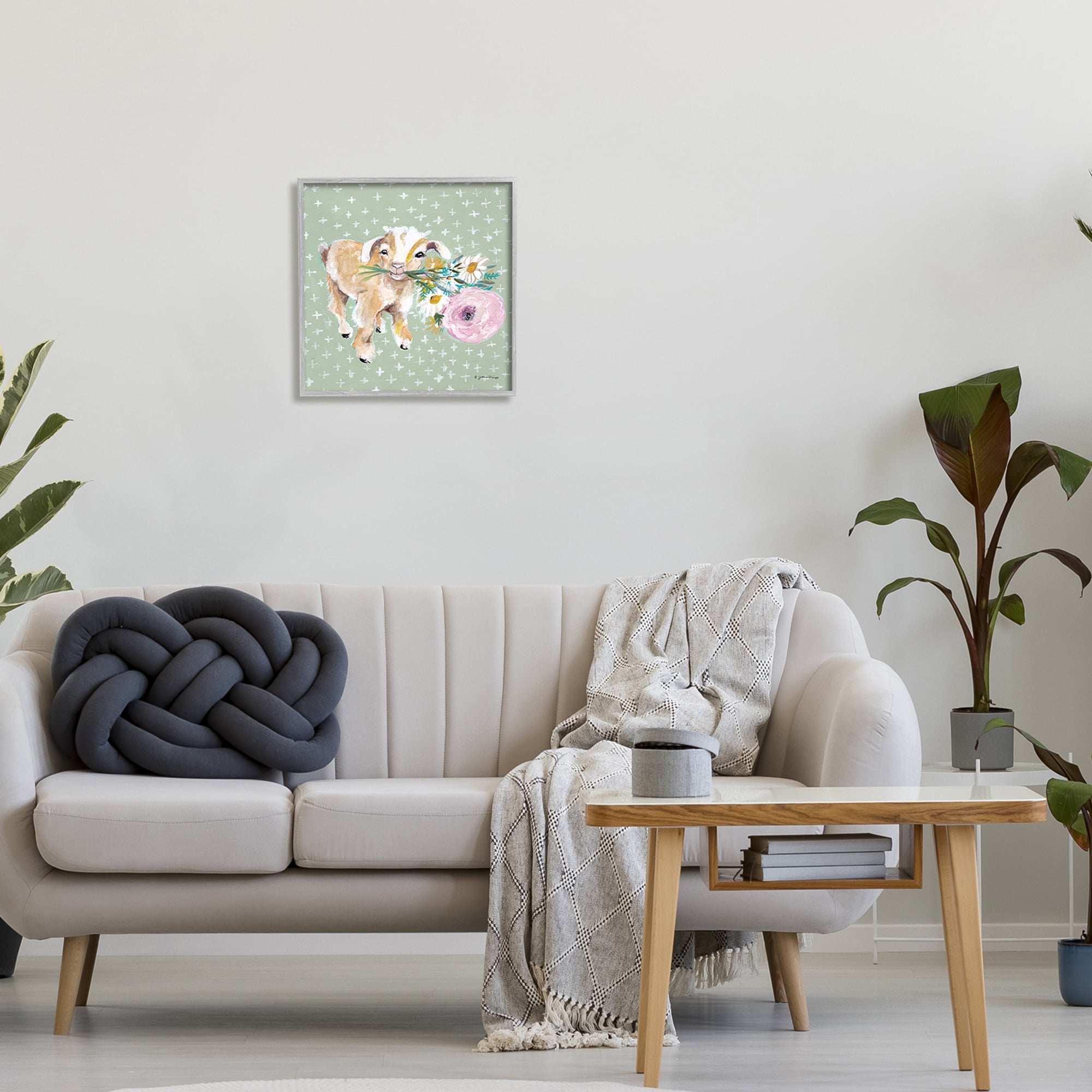 Stupell Industries Attentive Buckling Goat Offering Flowers Studded Backdrop,17 x 17, Design by Jessica Mingo