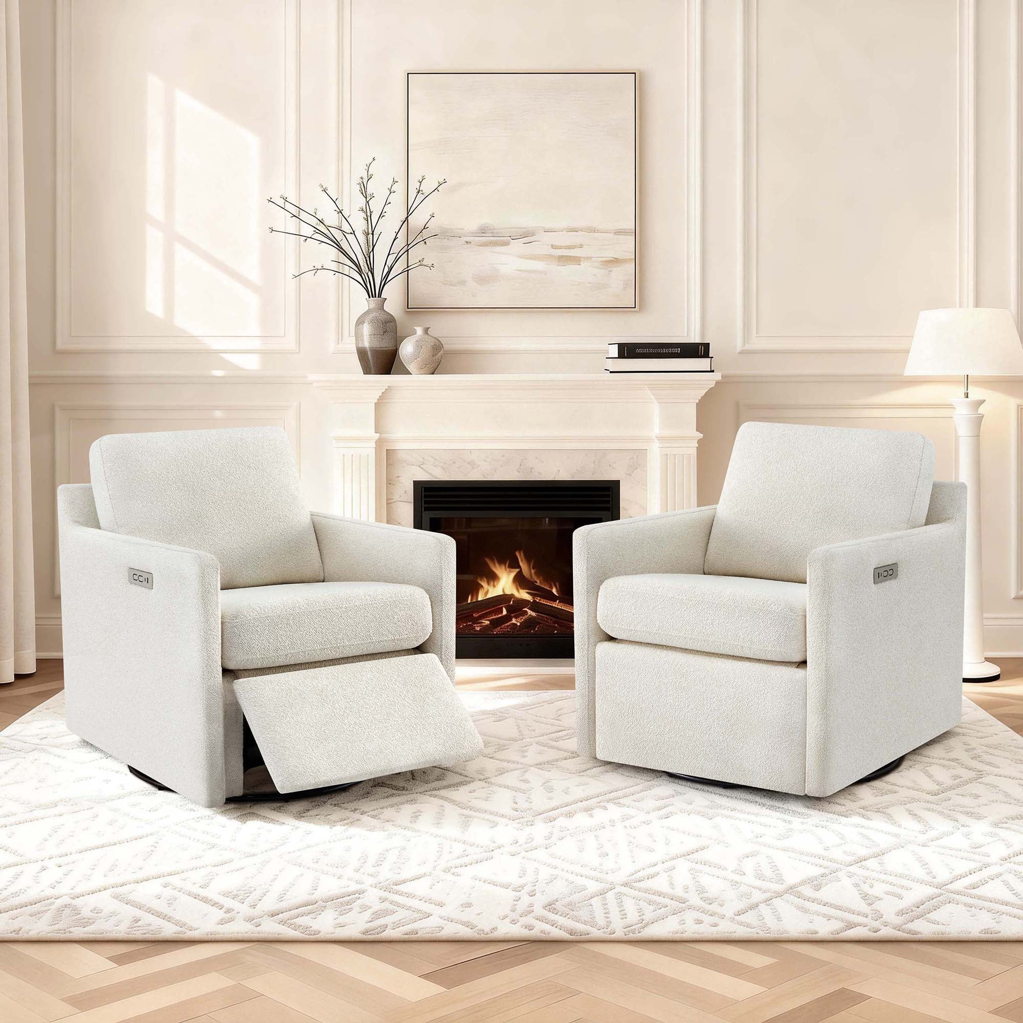 Spruce & Spring 270-Degree Swivel Accent Chair with Power Footrest & Charging Ports, Cream