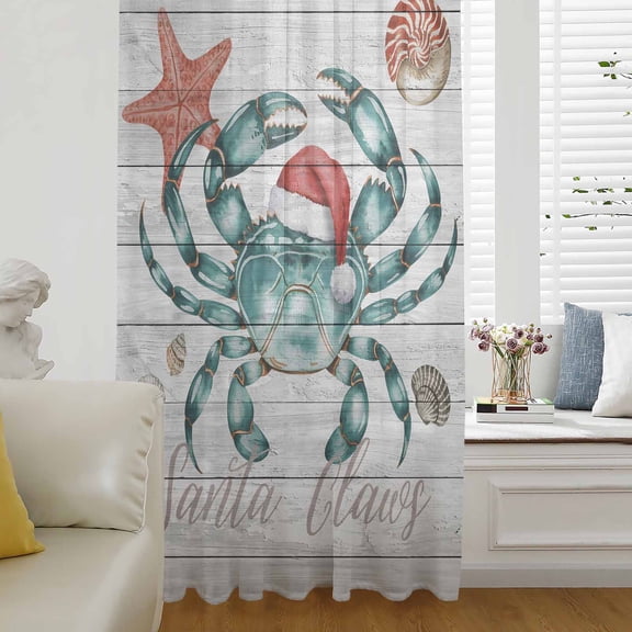 Christmas Coastal Semi Sheer Curtains Drapes for Living Room,Bedroom,French Doors Window 96 Inches Long,Ocean Crab Starfish Conch Wooden Grain Rod Pocket Chiffon Curtain Drapery Voile Drape Panel