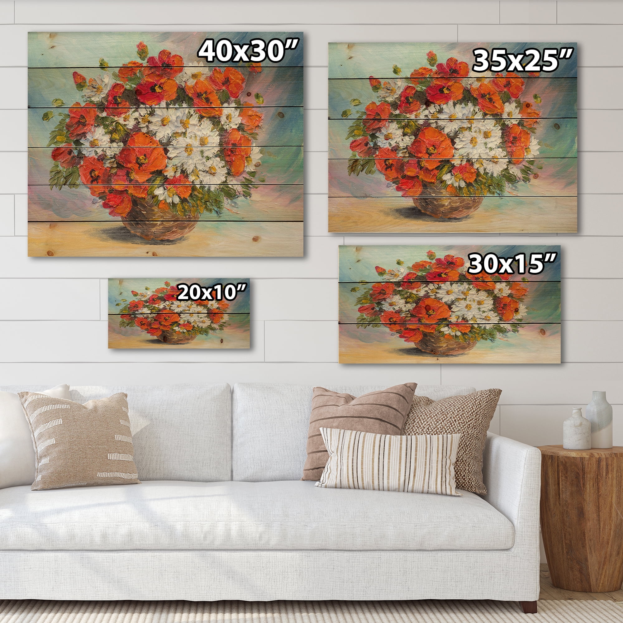 Designart 'Still Life Bouquet Of Daisies and Poppies' Traditional Print on Natural Pine Wood