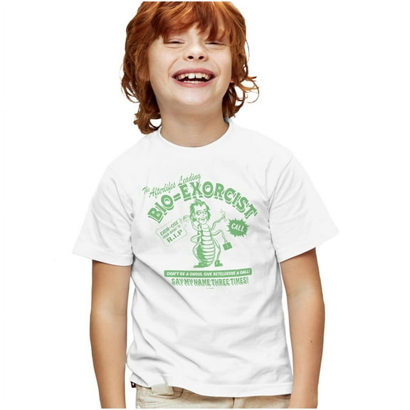 Beetlejuice Beetlejuice Bio Exorcist Kids T Shirt for Youth Boys and Girls, White, Large