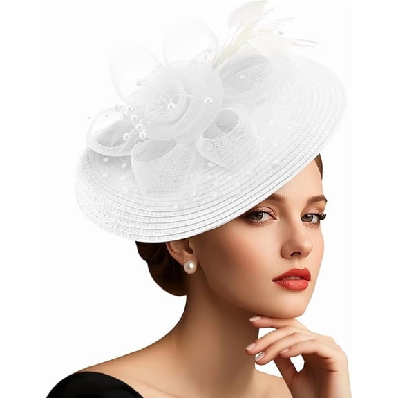 Women's tea party headgear with hat, flower, mesh, feathers, headband and clips