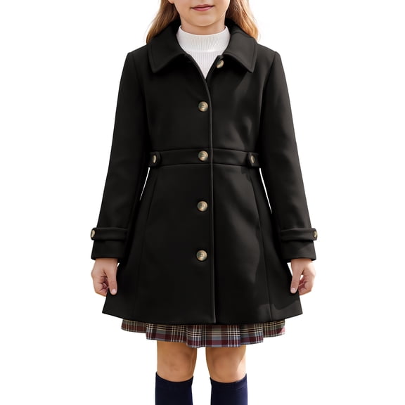 INSPIRE CHIC Girls' Halloween Winter Pea Coat Classic Lapel Collar Lightweight Warm Overcoat with Pockets for School & Parties 5-6 Years Black