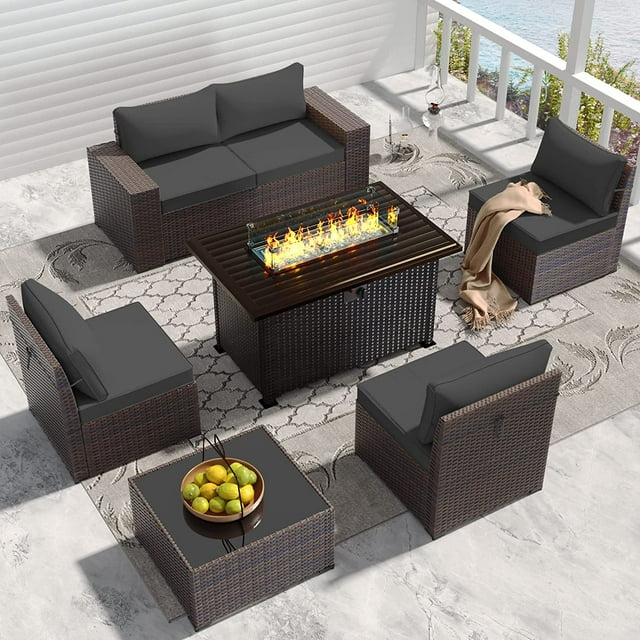 Gotland Ensemble de Meubles de Patio Extérieur 7 Pcs Canapé en Rotin Osier avec Table de 43,3 Pouces, Gris