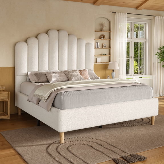 BedLuxury Queen Size Platform Bed Frame with 57" Extra Tall Upholstered Boucle Fabric Headboard, White
