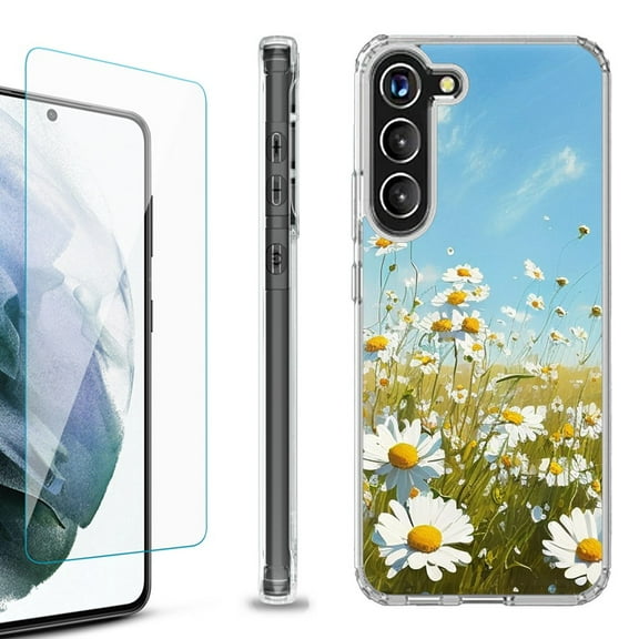 OneToughShield ® for Samsung Galaxy S23  S23 Plus 5G Shockproof Bumper Phone Case, with Tempered Glass Screen Protector - Daisy Field