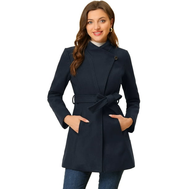 Abrigos Largos Con Cinturón De ManLarCon Cuello Alto Elegante De Invierno PaMujer Azul oscuro L