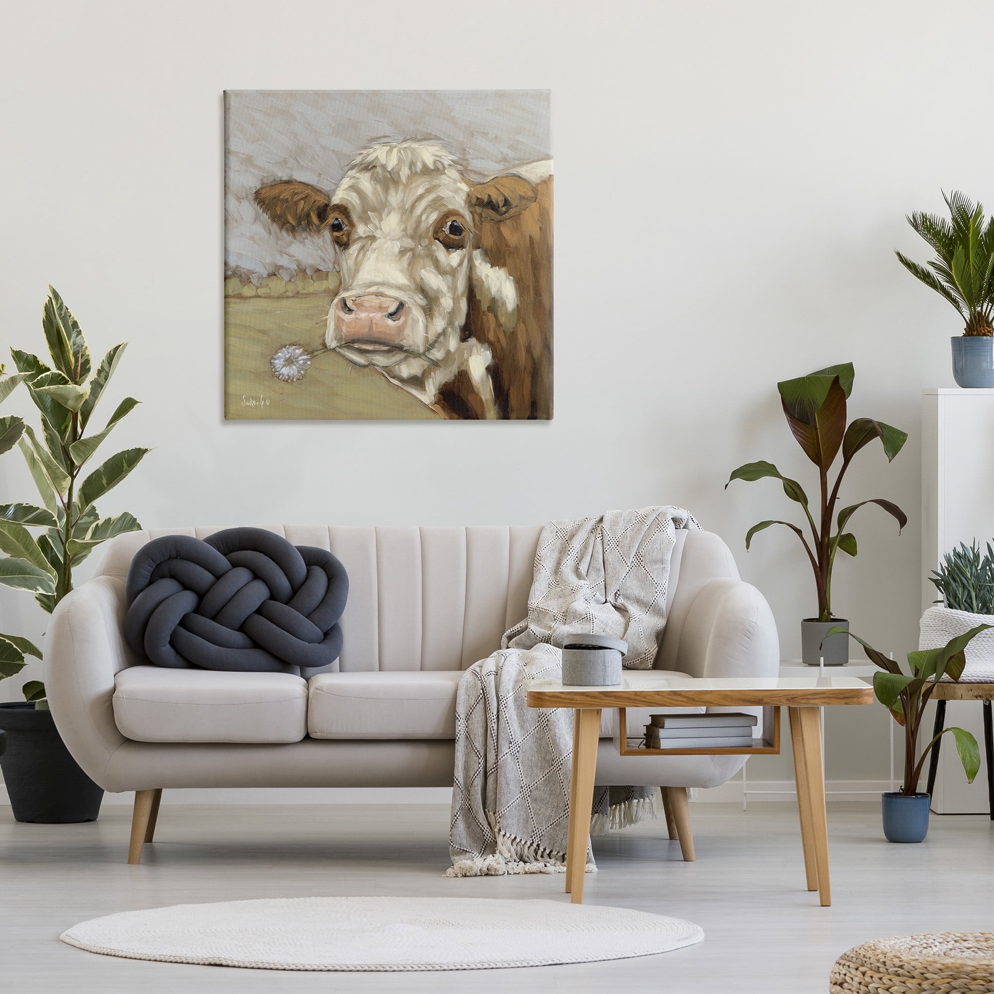 Stupell Industries Cattle with Dandelion Sprig Animals & Insects Painting Gallery Wrapped Canvas Art Print Wall Art, 36 x 36