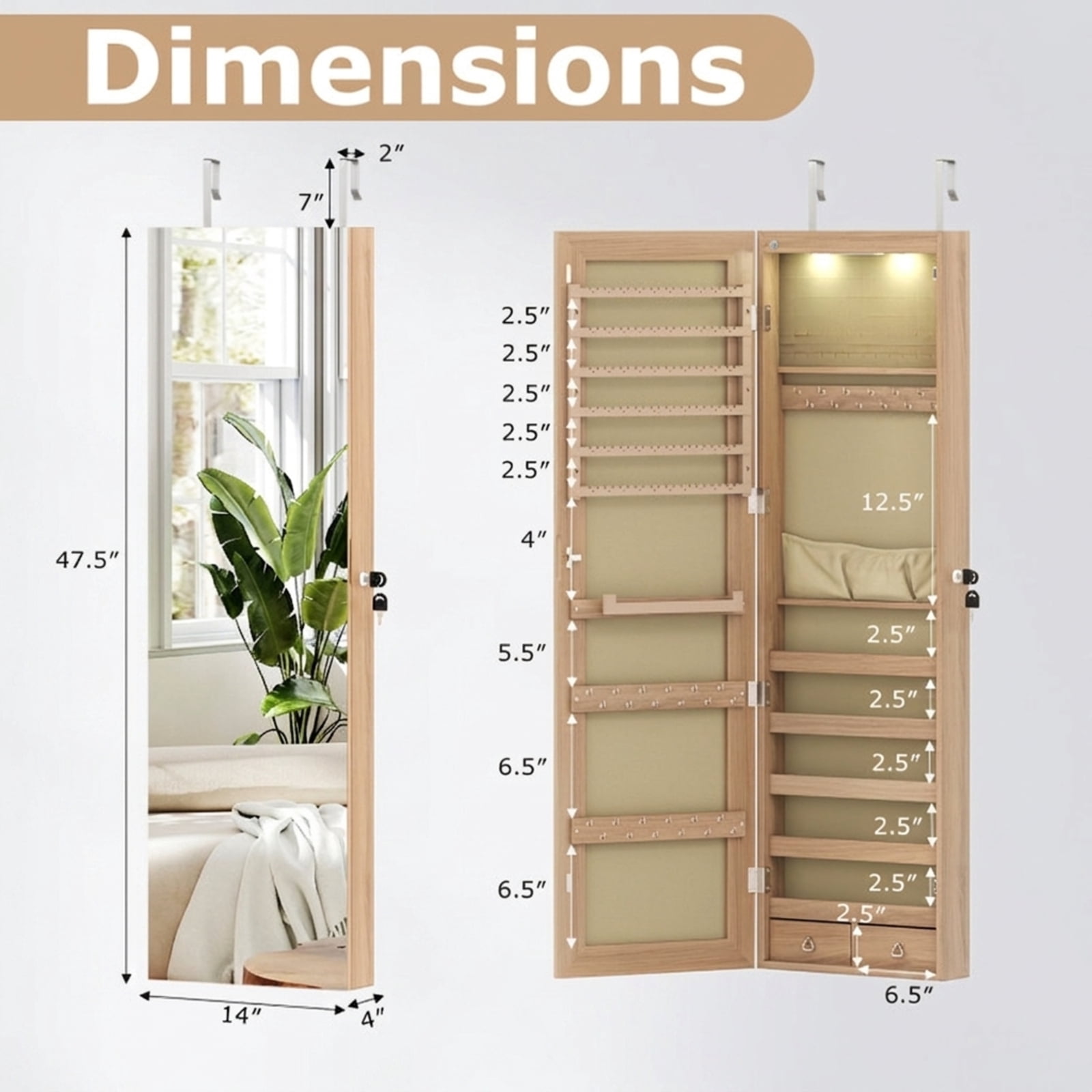 Furnibear Wall and Door Mounted Mirrored Jewelry Cabinet with Lights for Bedroom Dressing Room Jewelry Necklace Rings Storage Mirror, Natural