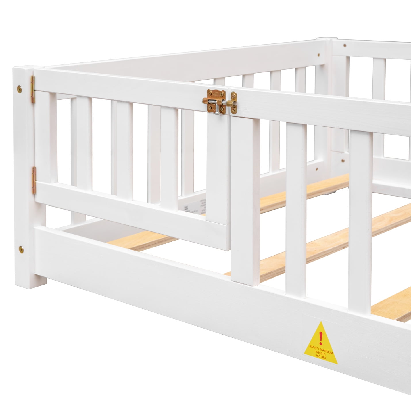 Twin Size Floor Bed, Montessori Floor Bed with Fence Rails and Door Design, Playhouse Bed Frame, Wooden Slats Support, White