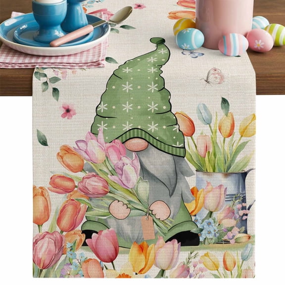 Easter Gnome Table Runner, Watercolor Spring Pink Orange Purple Tulips Floral Linen Texture Cotton Linen Kitchen Table Decoration Washable Dining Tabletop Runners for Home Party Decor 13x60 Inches