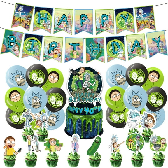 32 PCS For Rick and Morty Cartoon Themed Party Decorations and Favors Set – Banner, 18 Balloons and 13 Cupcake Toppers for Celebration Birthday Parties Supplies