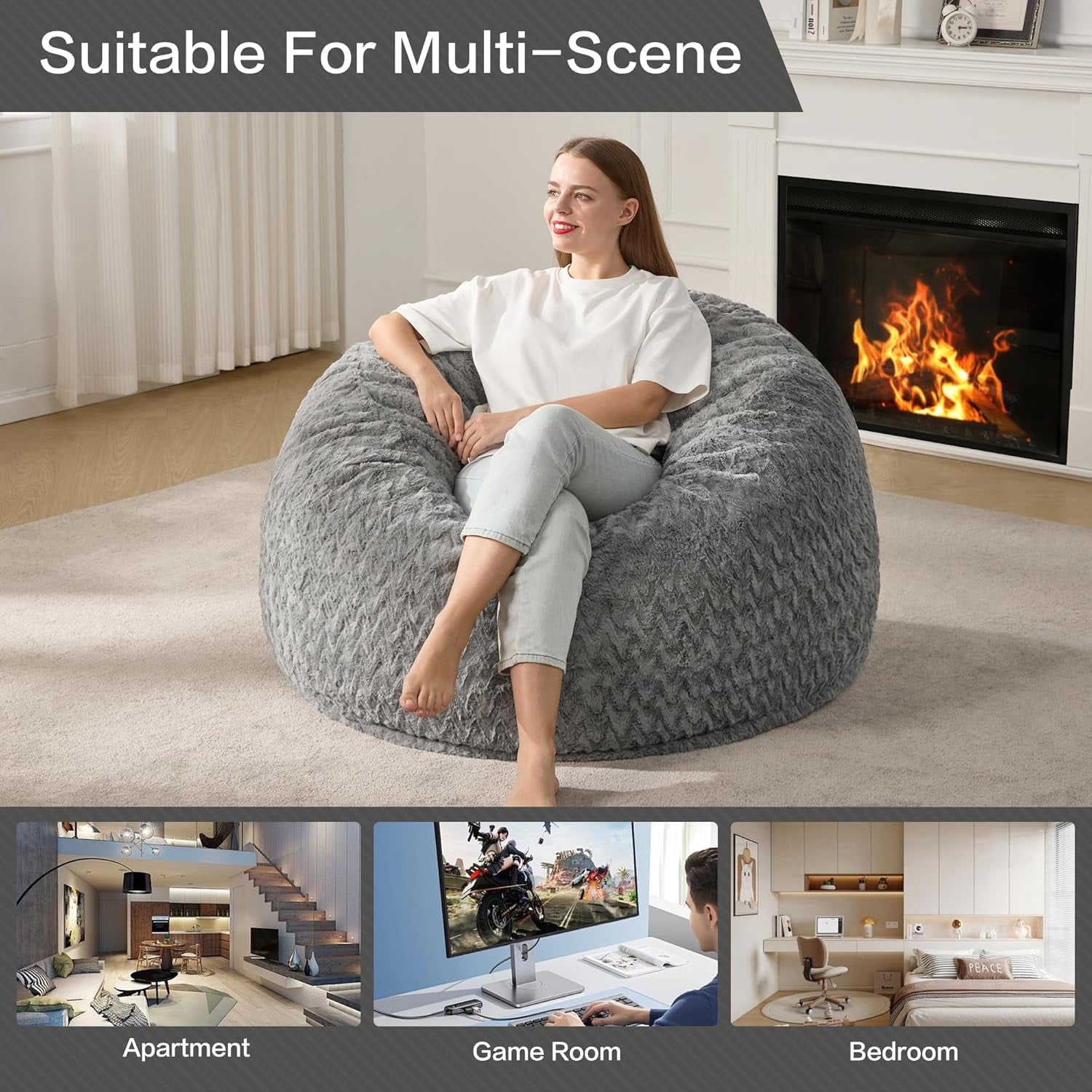 3ft Bean Bag Chairs for Adults Large Beanbag Chair with Chevron Plush Fur Cover Big Bean Bag Chair for Living Room Bedroom Dorm Office - Black (36” x 36” x 22”)
