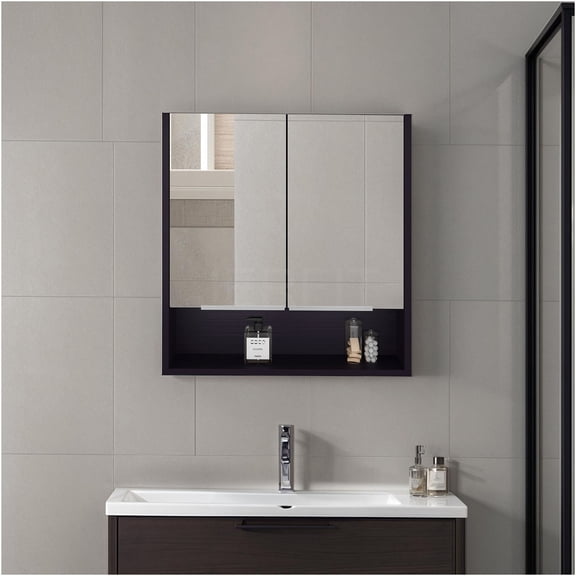 JERFIT 24x24 Inch Black Wall Mount Medicine Cabinet with Mirror, 3 Adjustable Shelves & Open Storage Shelf for Bathroom