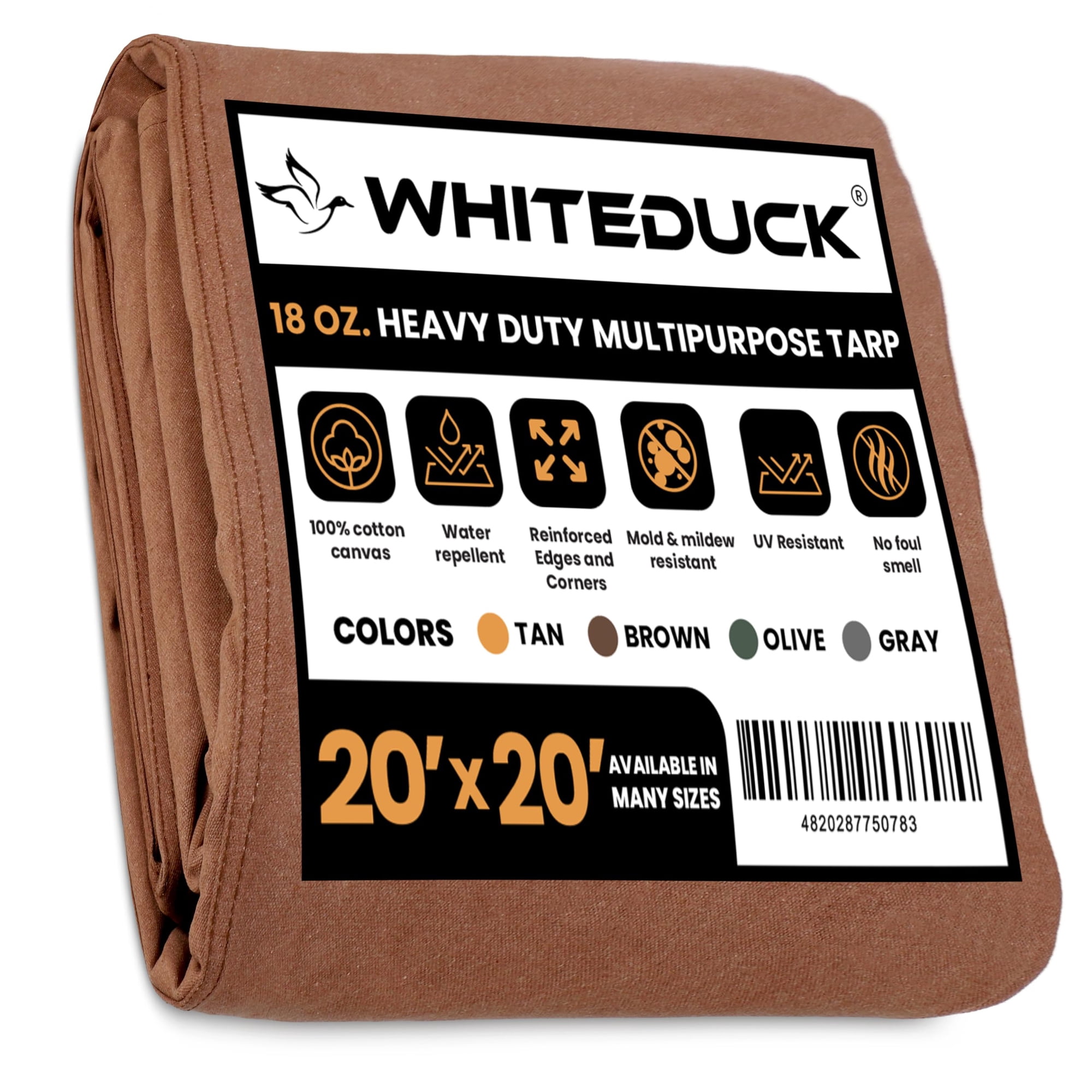WHITEDUCK 20 x20 Canvas Tarp 18 oz/37 Mil Heavy Duty Waterproof UV Resistant Rustproof Grommets Industrial & Commercial Use Cloth Tarp (Finished Size: 19 6 x19 6 Brown)