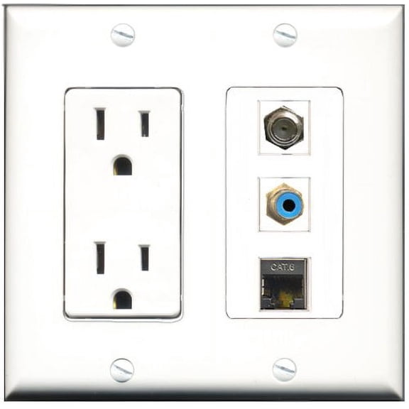 RiteAV - 15 Amp Power Outlet 1 Port RCA Blue 1 Port Coax 1 Port Shielded Cat6 Ethernet Ethernet Decorative Wall Plate