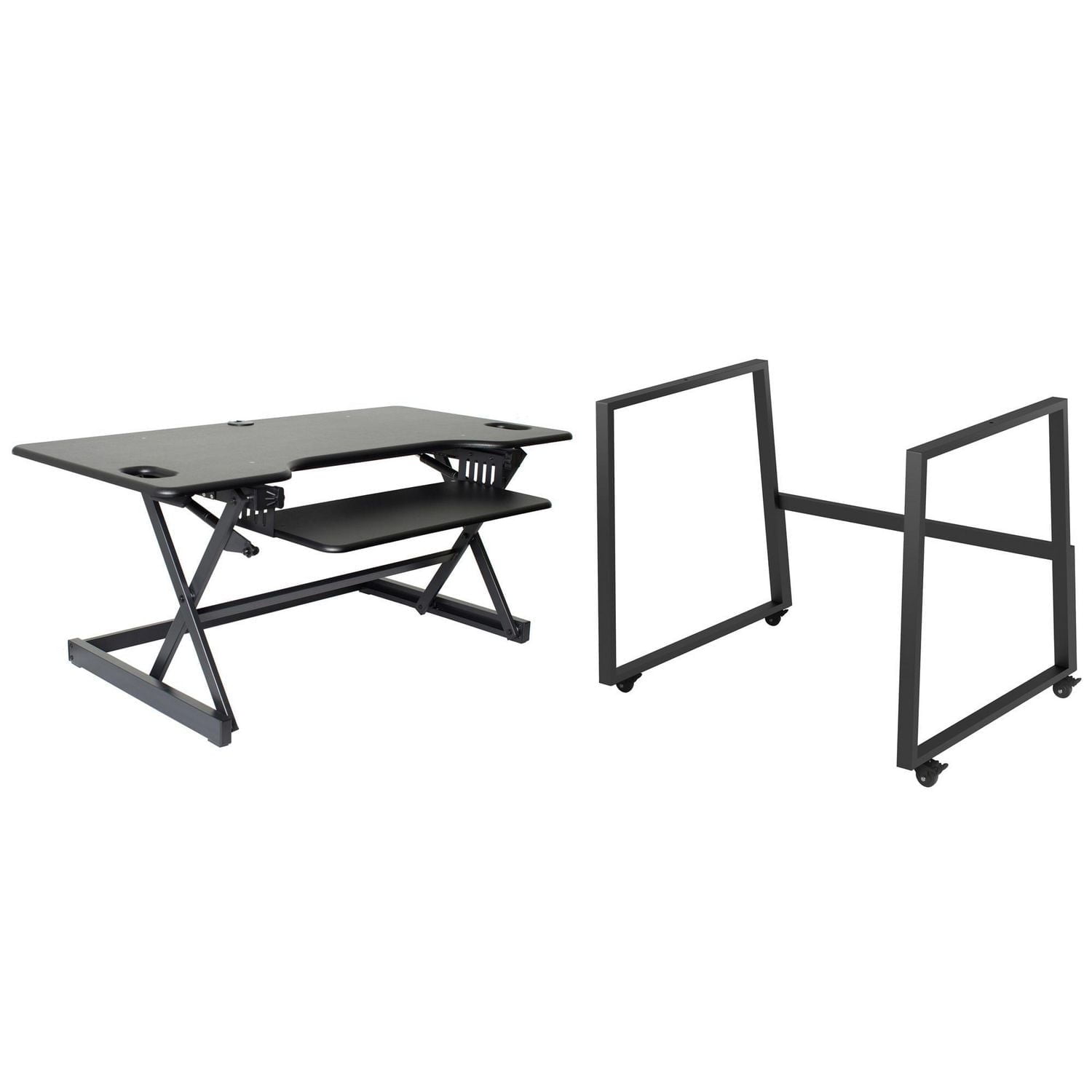 Rocelco 46 "Bureau debout mobile de grande taille réglable en hauteur BUNDLE - Montant pour moniteur double assis-debout roulant - Station de travail assistée par ressort à gaz - Plateau pour clavier