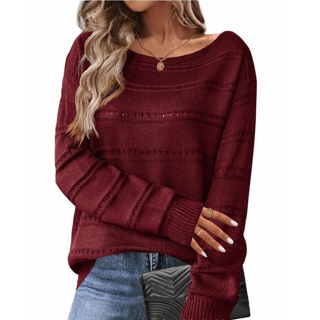 HongQid Women's Sweaters Boat Neck Crochet Long Sleeve Sweater Lightweight Knit Tops Shitrs Loose Fit Fall Fashion