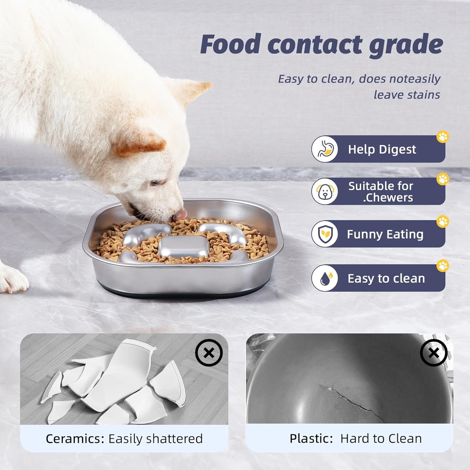 Slow Feeder Dog Bowls 304 Stainless Steel 5 Cups, Large Capacity Dog Food Slow Feeding With Non-Slip Rubber Base, 2-in-1 Slow Feeder Metal Dog Bowl for All Breeds Size