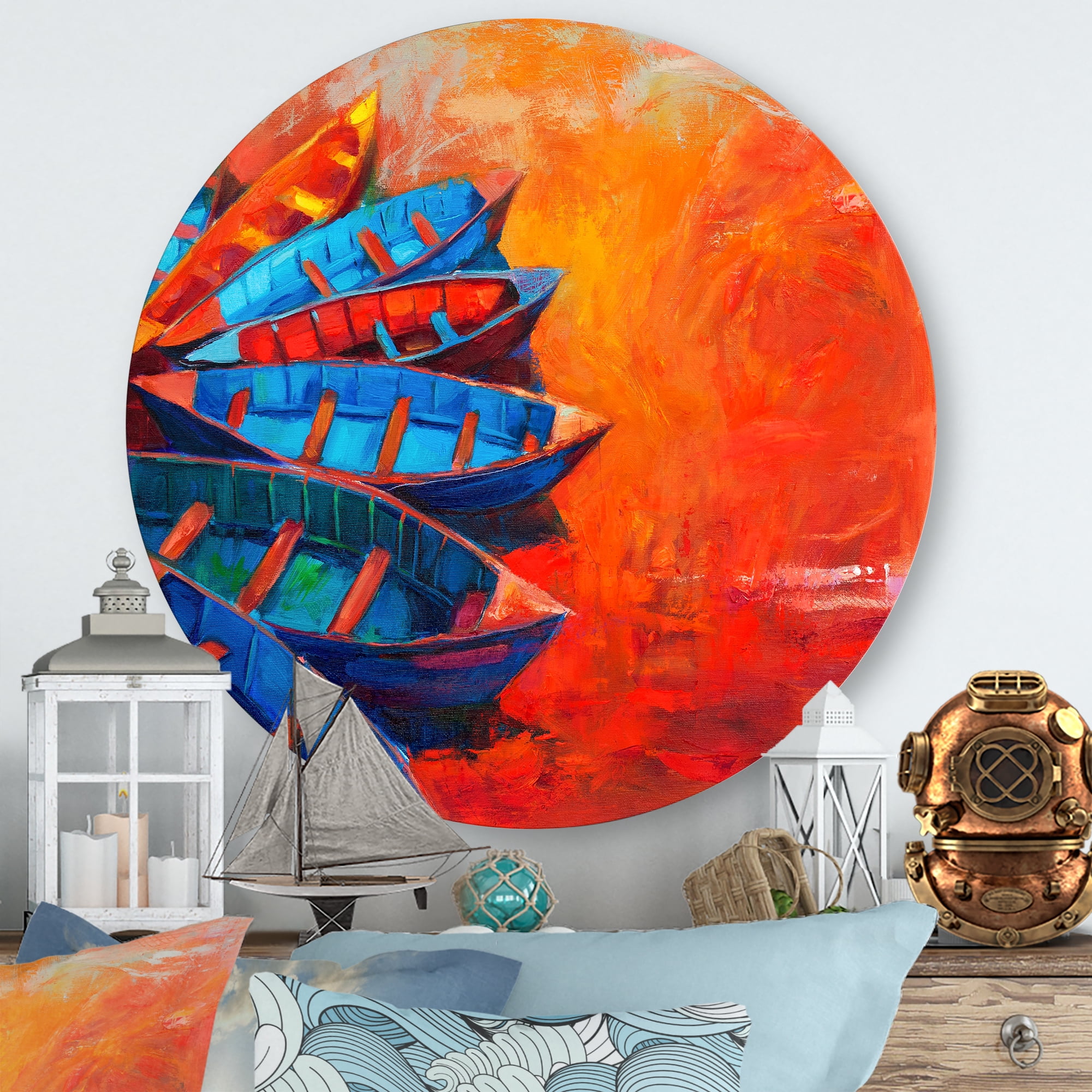 Designart 'Boats During Warm Sunset Resting On The Water V' Nautical & Coastal Circle Metal Wall Art 11x11 - Disc of 11
