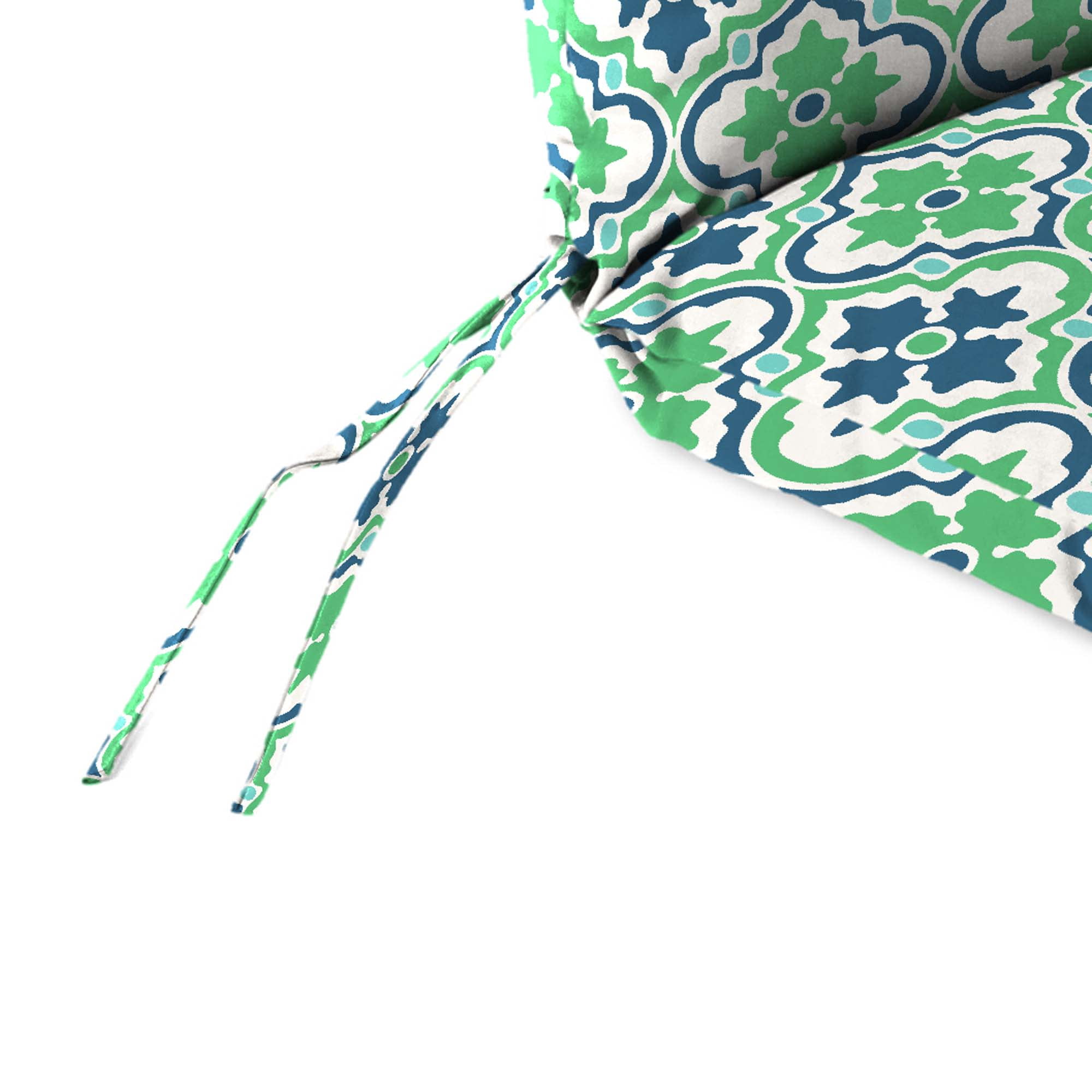 Jordan Manufacturing 45" x 22" Vesey Sea Mist Blue and Green Quatrefoil Rectangular Outdoor Chair Cushion with Ties and Hanger Loop