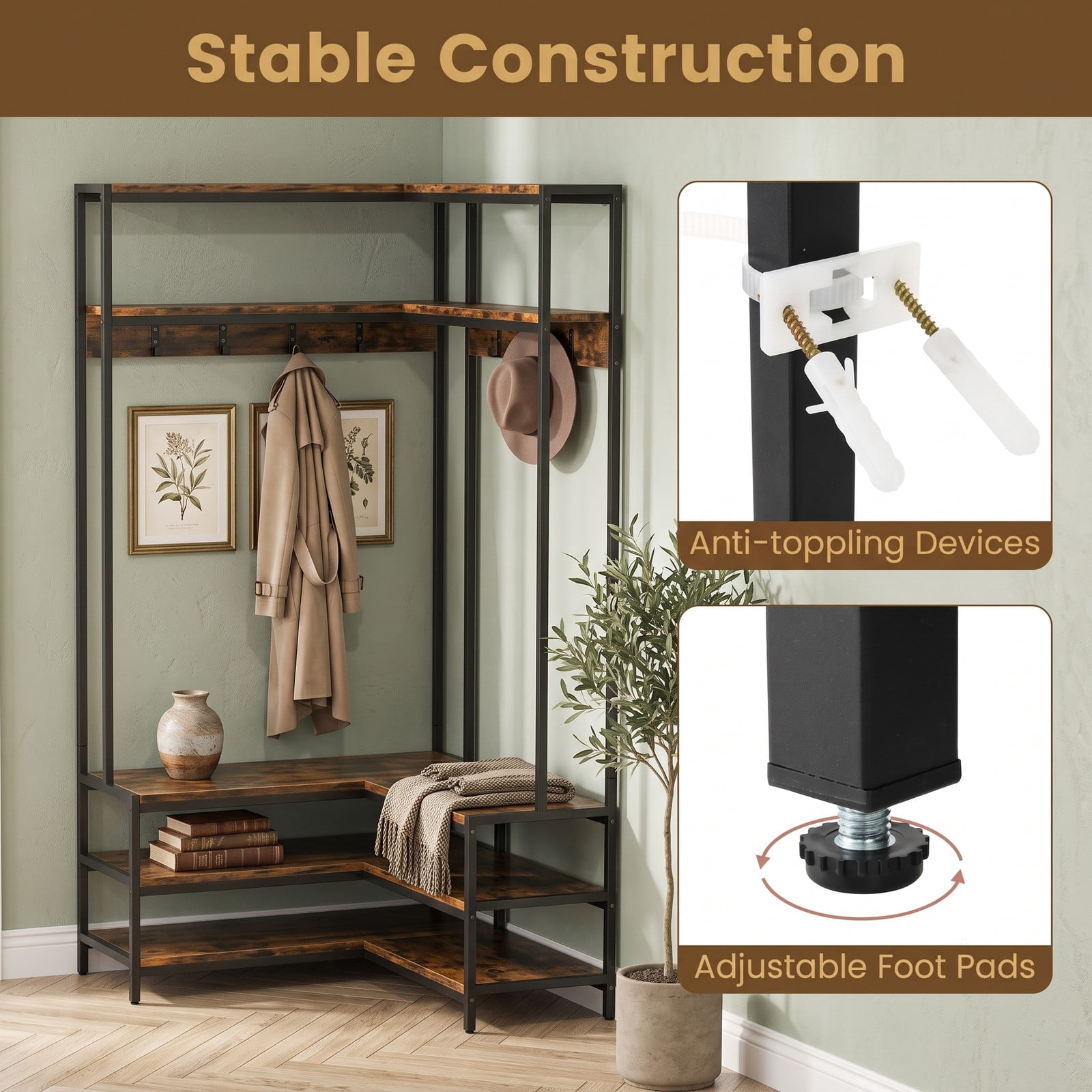 Furnibear L-Shaped Corner Garment Rack with Open Shelves 7 Hooks and Shoe Bench for Bedroom and Entryway Storage, Rustic Brown