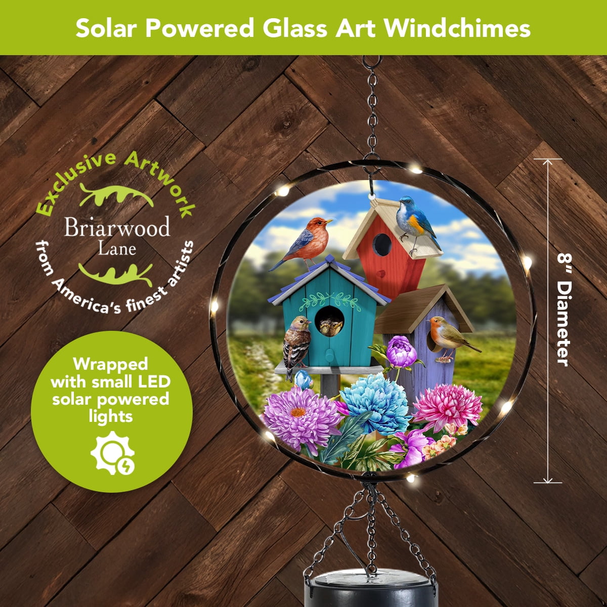 Briarwood Lane Spring LED Illuminated Solar Powered Glass Suncatcher  Wind Chime 37x8 Colorful Birdhouses For Spring Wind Chime For Outdoors Melodic Metal Windchimes Wind-Chimes