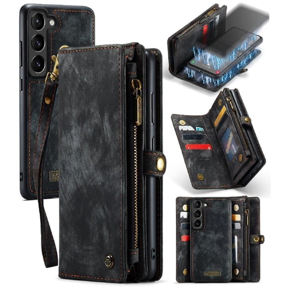 Case for Samsung Galaxy S23 Detachable Card Holder Strong Magnetic Wallet Cover Trifold with TPU PC Handmade Leather Zipper