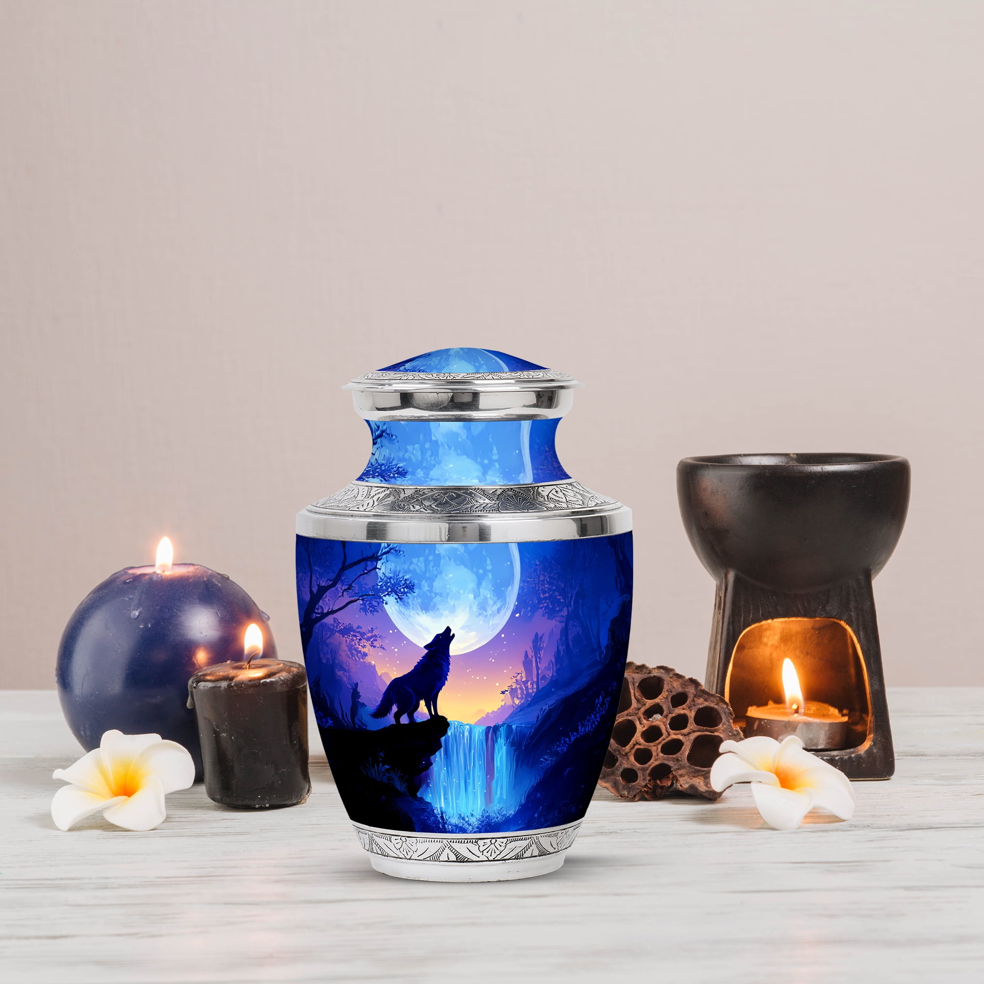 MUKTIVE Waterfall Urns for Human Ashes for Friends, Large Moon Urns for Adult Ashes for Women, Unique Wolf Keepsake Urns for Burial, Memorial Blue Urn for Mom & Dad (1 Large, 4 Keepsake)