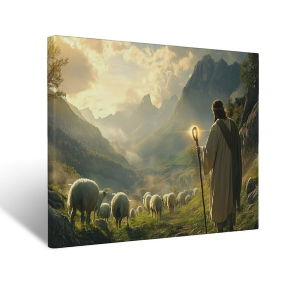 CozyNet Jesus Standing With A Glowing Staff, Leading His Flock Through A Peaceful Valley Wall Art Prints With Frame Canvas Perfect for Living Room & Bedroom, Ready to Hang, Wall Decor 12"x16"
