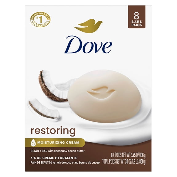 Dove Beauty Bar Soap For Restored Skin, Restoring Coconut & Cocoa Butter, Nourishes Skin, 3.75 oz 8 Bars
