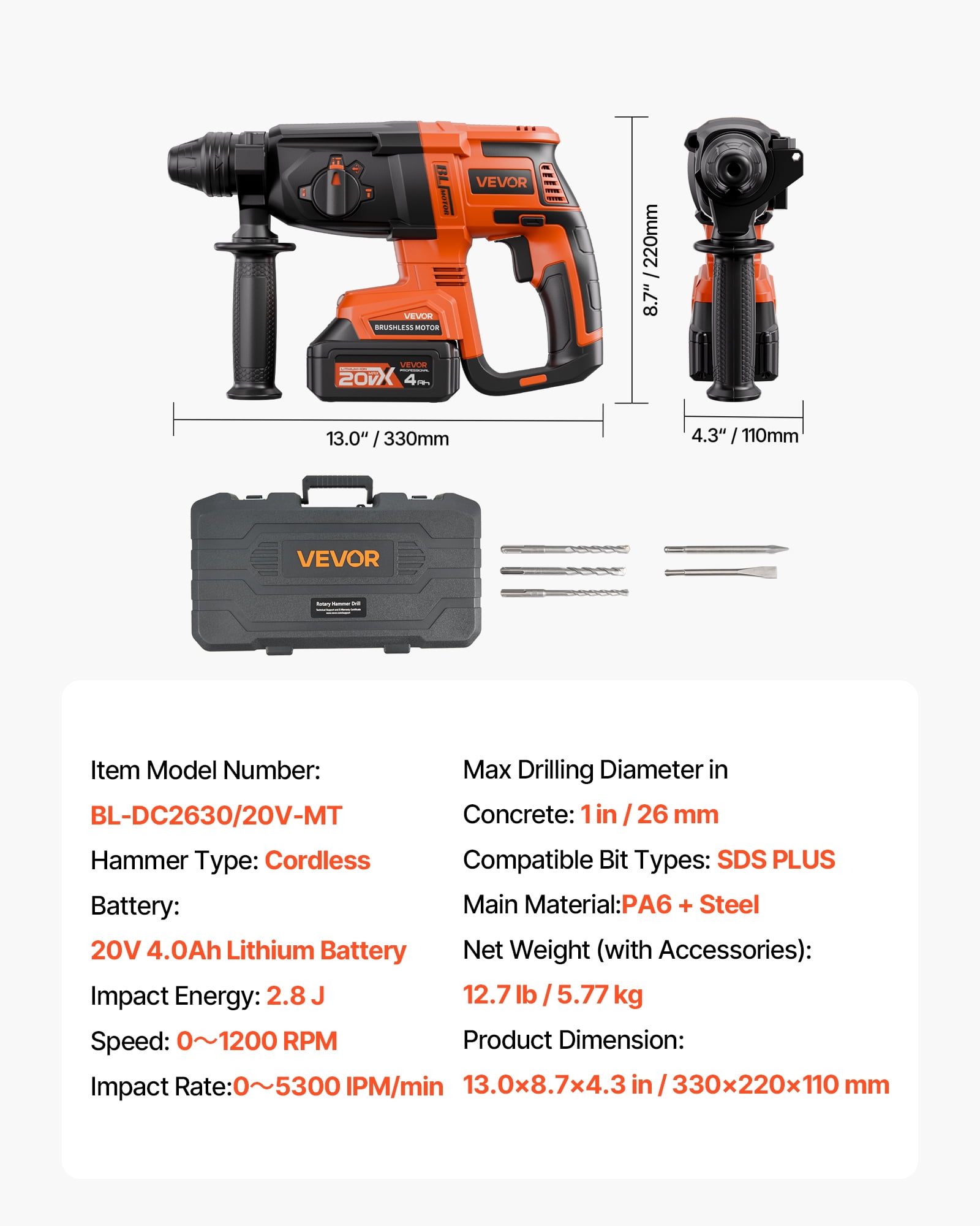 VEVOR 20V Brushless Cordless Hammer Drill, Lithium-Ion 1 Inch Rotary Hammer Driver, SDS-Plus Electric Lightweight Power Tool Kit with Battery and Charger, 4 Functions, 1200 RPM, 5300 BPM
