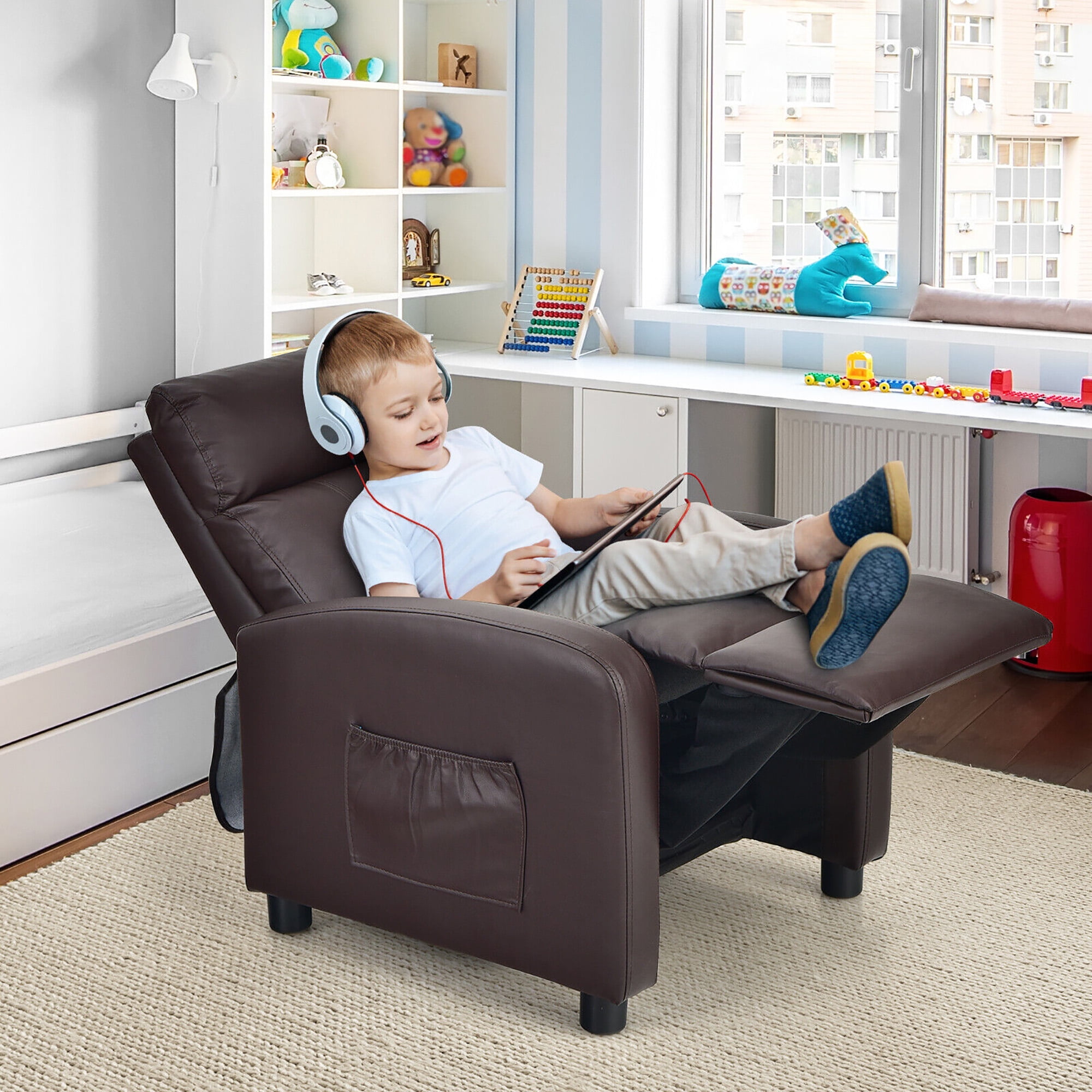 Costway Kids Recliner Chair Adjustable Leather Sofa with Footrest Side Pocket Black