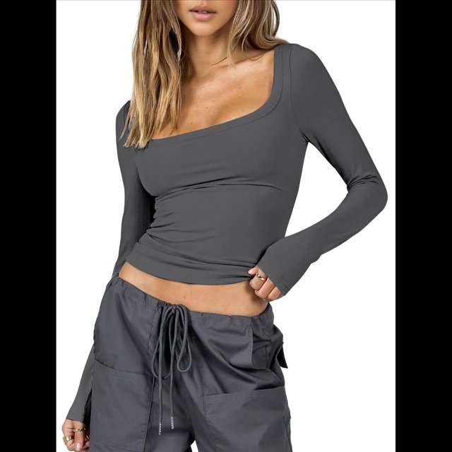 Tops Cortos de Algodón para Mujer, Camisetas de Larga, Cuello Cuadrado, Tops Y2k, Corte Entallado, Ropa de Moda para Salir de Otoño Gris Oscuro L
