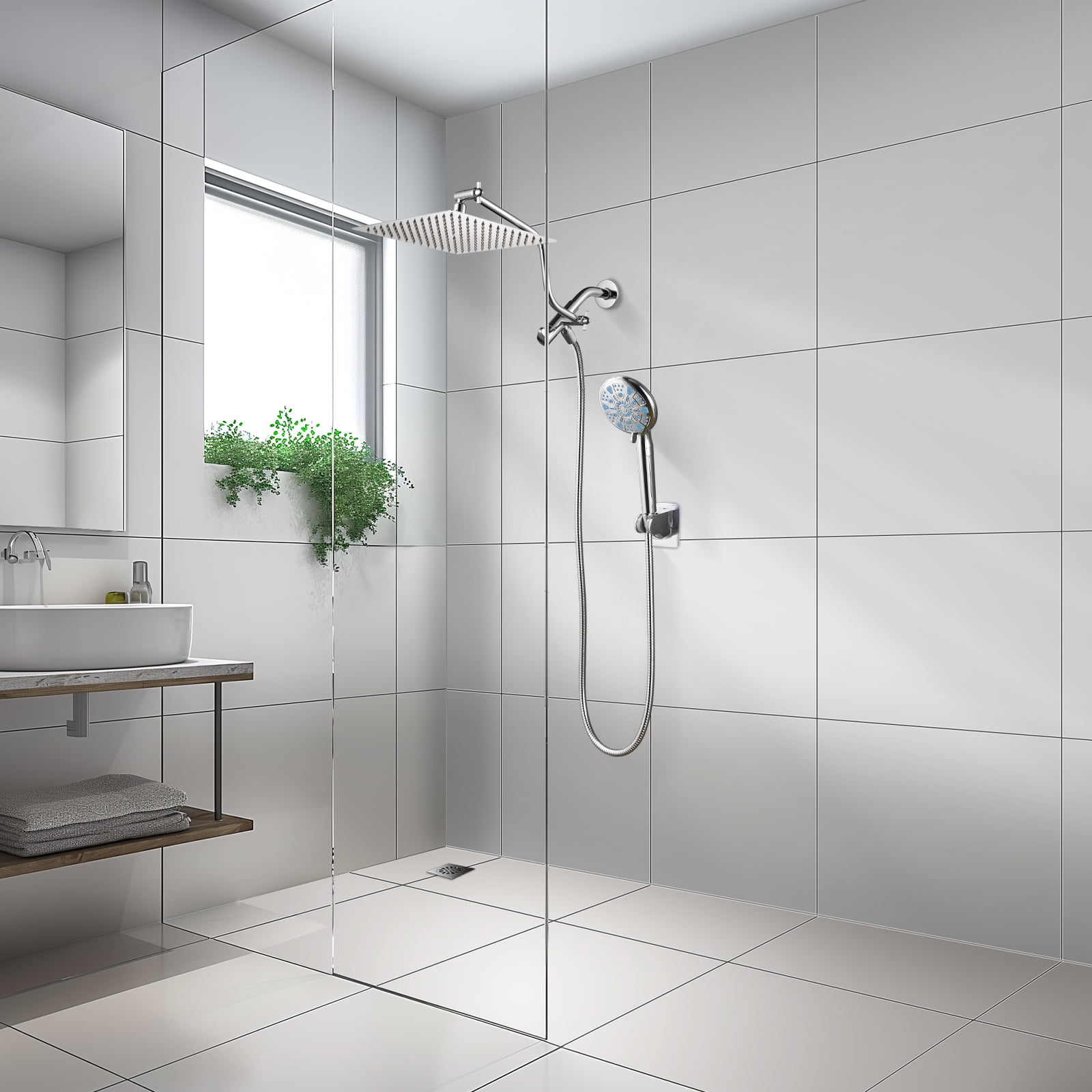 Cobbe 10-Inch Dual Shower Heads with Handheld Spray Combo, 3-Way Rain Shower Head, 9-Spray Patterns Handheld Shower, Chrome