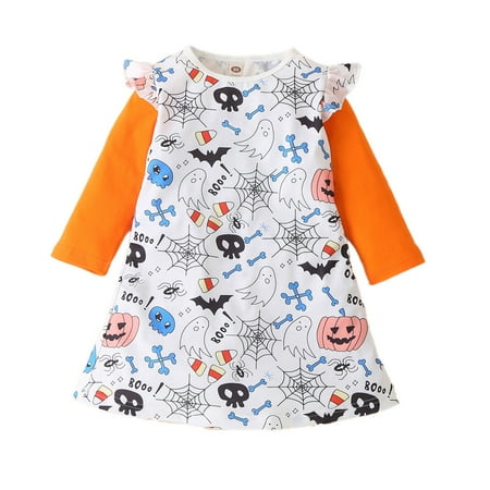 

jsaierl Toddler Kids Baby Girls Halloween Pumpkin Net Printed Comfy Princess Cartoon Cute Dress 18M - 6T
