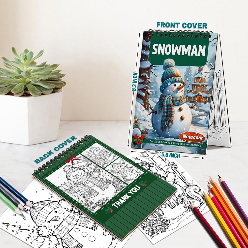 Netecom Snowman Coloring Book Spiral Bound for Adults, A5 Wooden Cover, 30 Cheerful Snowman Coloring Pages in Merry Christmas Day for Stress Relief and Relaxation