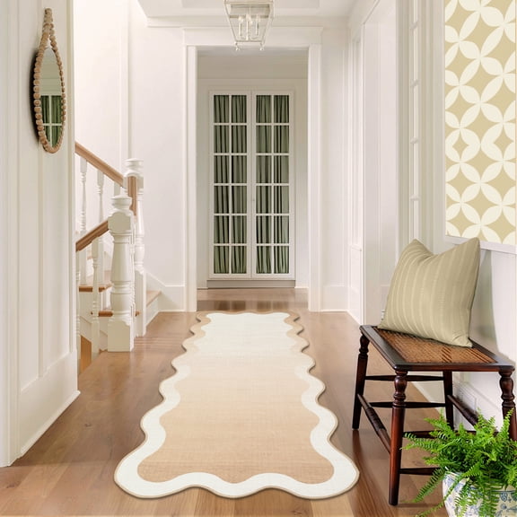Hasoo Scalloped Runner Washable 2' x 6' Throw Rug for Hallway Enterway Neutral Indoor Beige Ombre Printed Bordered Carpet