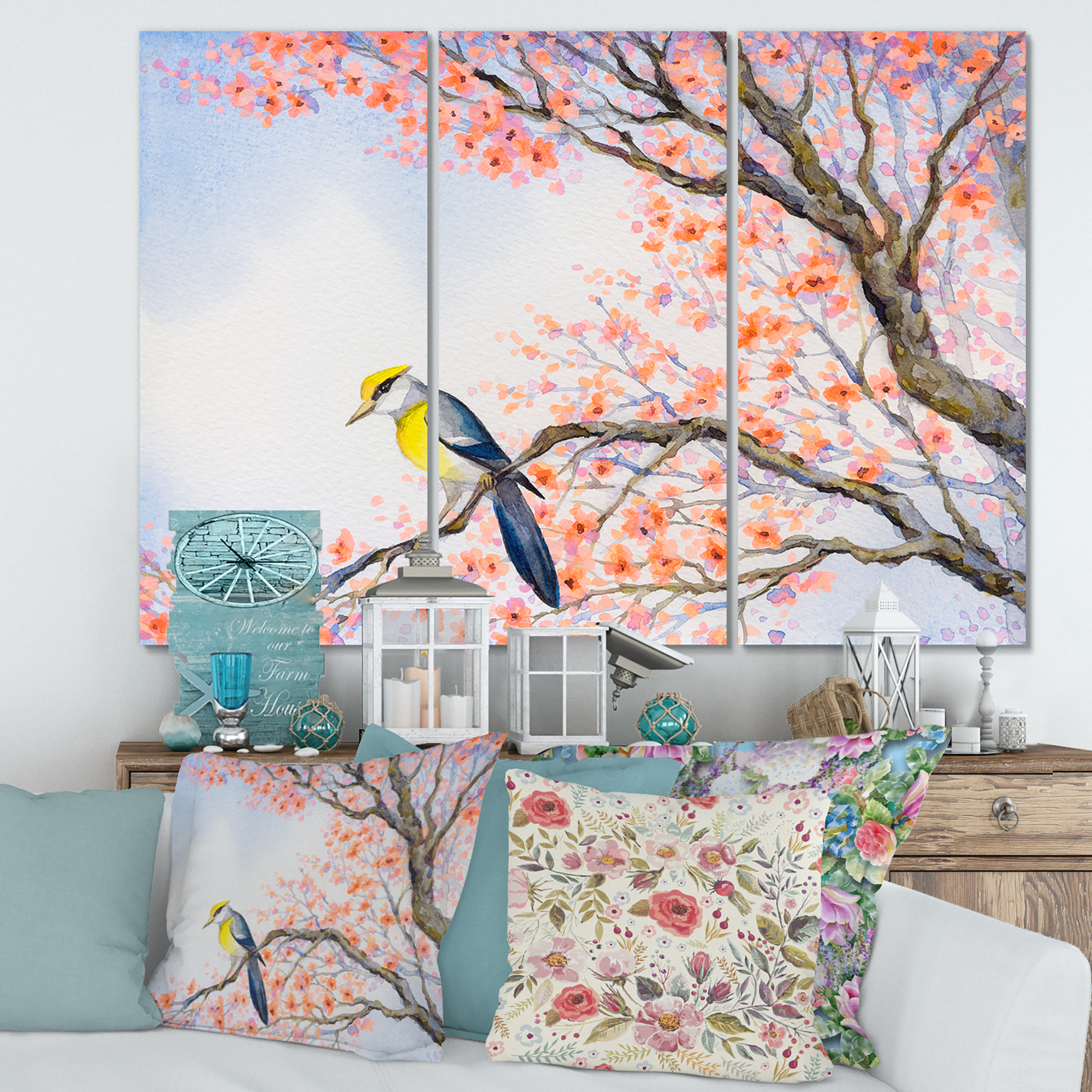 Beautiful Blue Bird Sitting On Flowering Branch I 28 in x 36 in Painting Canvas Art Print, by Designart