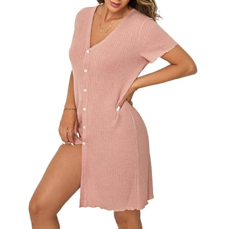 

Casual V neck Sleepshirts Short Sleeve Dusty Pink Women s Lounge Dresses (Women s)