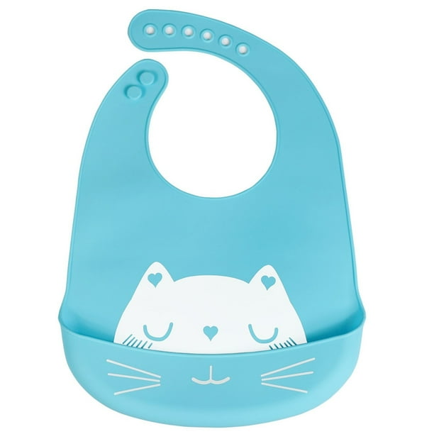 Babero de silicona para bebé con estampado de gato, impermeable, resistente al aceite, ajustable, con recogedor de comida, color azul cielo